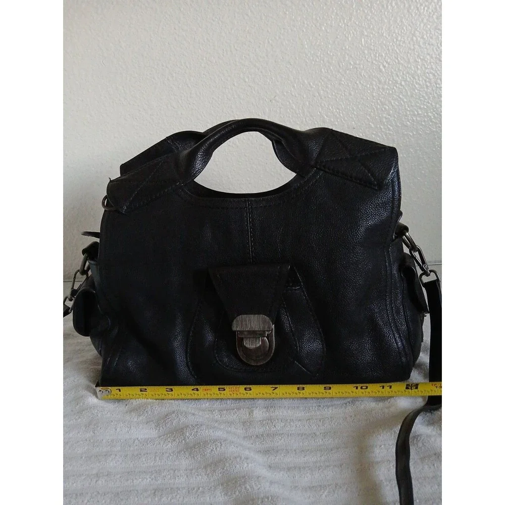 Francesco Biasia Black Leather Satchel Crossbody Top Handle Shoulder Bag
